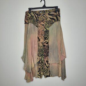 Vintage Phool tan pink grunge animal print knee length boho artsy skirt size med